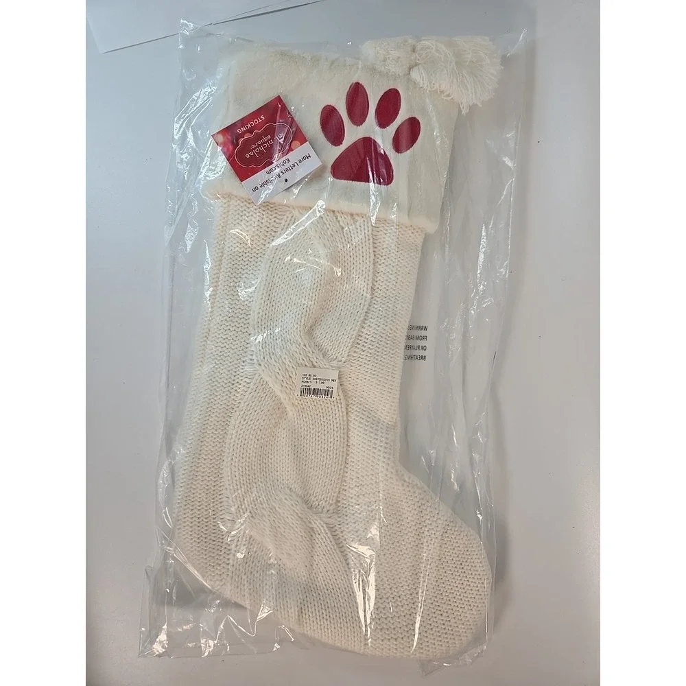 St.‎ Nicholas Square Ivory Cable Knit Pet Christmas Stocking Red Paw *NEW*